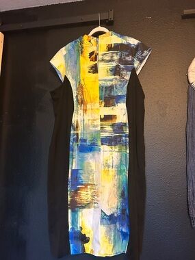 Karen Millen Abstract Panel Midi Dress in Blue, Yellow & Black